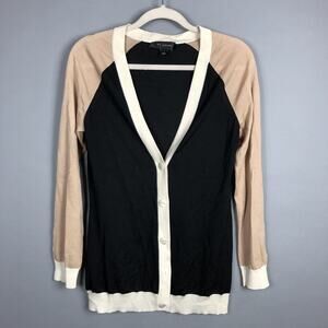 ST. JOHN Wool Rayon Knit Cardigan SZ P Black Beige Cream Colorblock Button Down